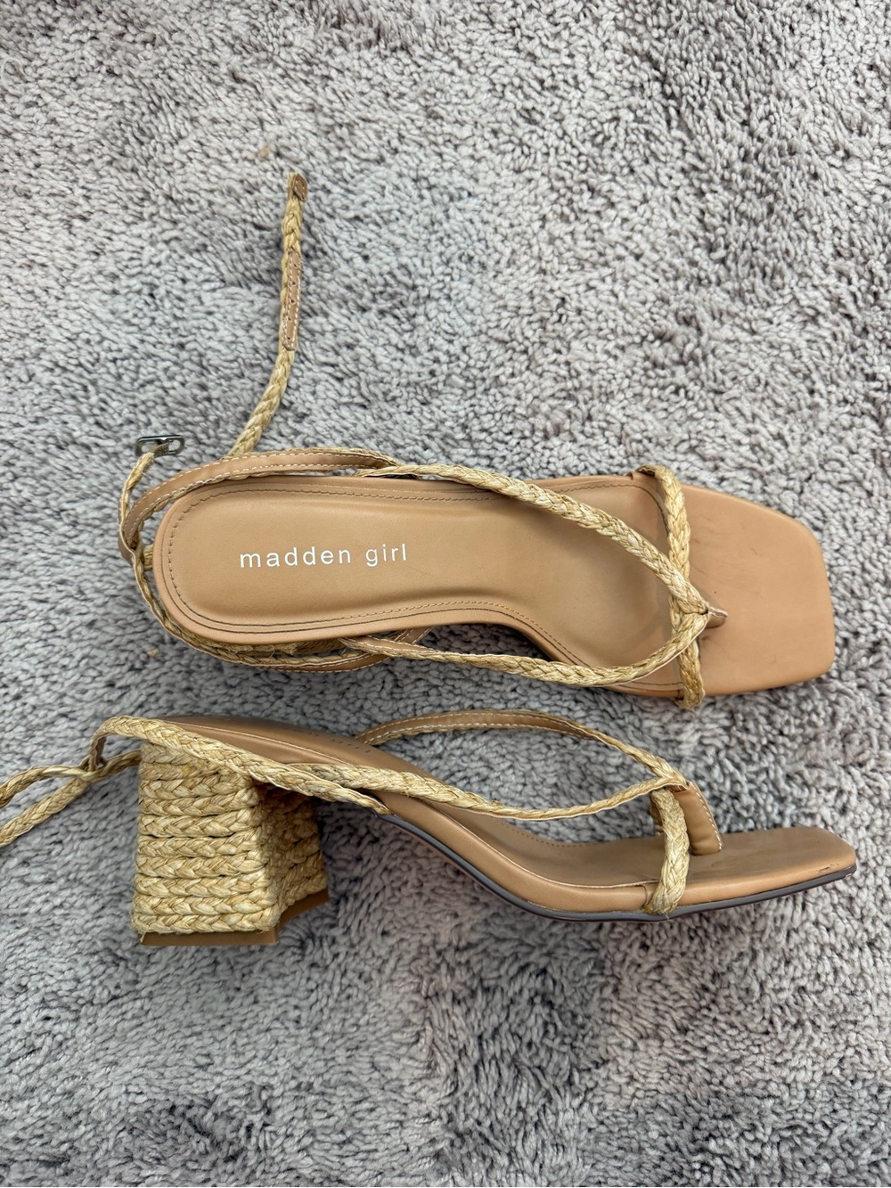 Madden Girl Braided Tan Block Heel Wrap Sandals